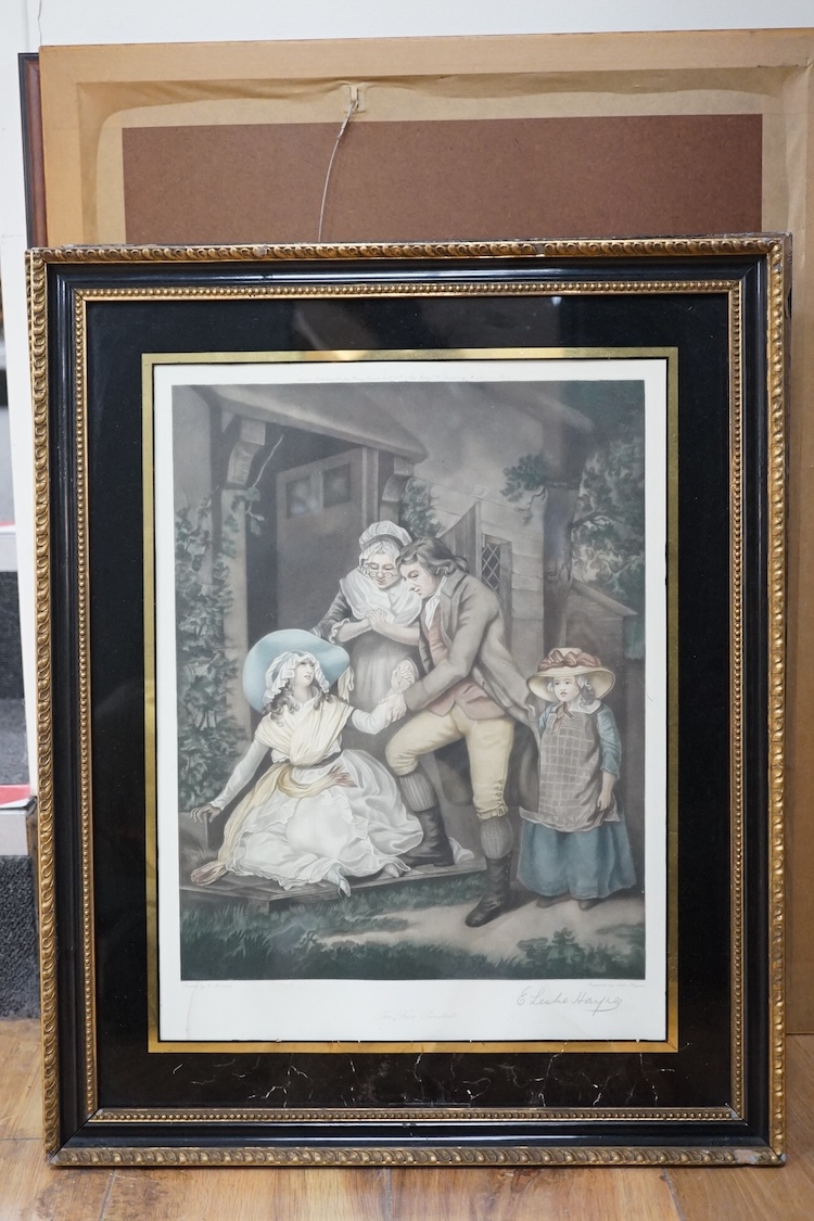 A set of six colour engravings after George Morland (1783-1804), to include the ‘Virtuous parent’ and ‘The Elopement’, together with a pair of colour prints depicting the Battle of Waterloo. Condition - varies
